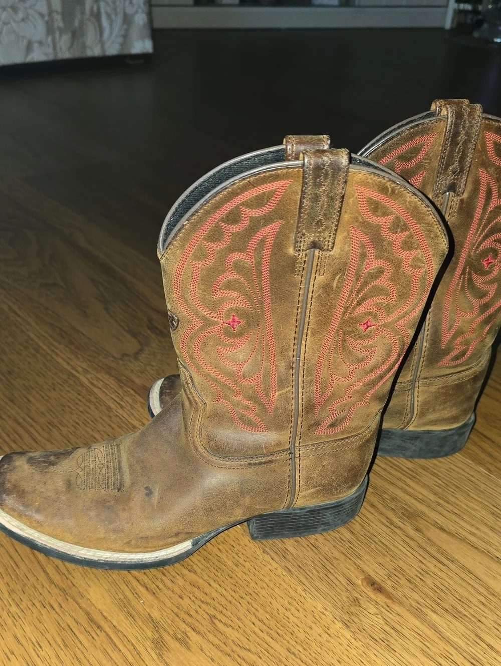 Ariat Kids Quick Draw Brown Cowboy Boots with Red Stitching Size 4